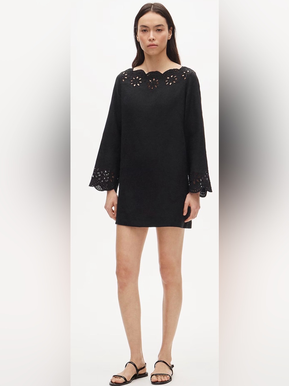 J Crew Scallop-trim Black Eyelet Popover 100% linen Semi Sheer Dress size XL